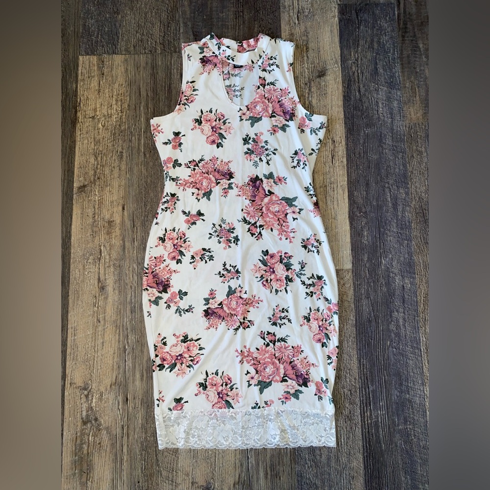 Rue21 White Midi Dress with Pink Floral Print and Lace Trim